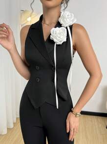 Modelyn 女式修身 3D 花卉装饰西装背心 - 黑色 - 查看 8