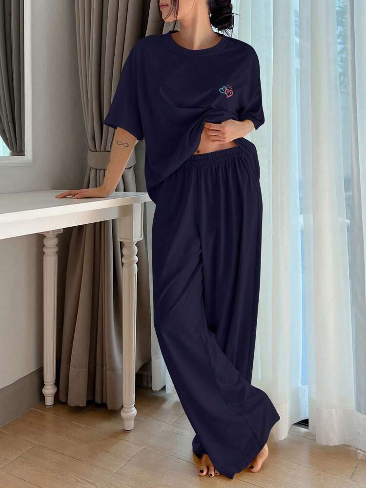 2 Pieces Heart Printed Loose Short Sleeve Women Loungewear Set Pajama