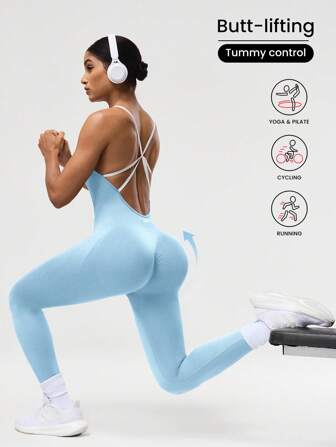 Seamluxe SHEIN Sport 女式无袖交叉带修身性感瑜伽连体裤