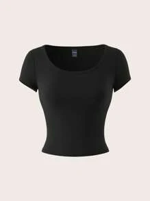 SHEIN PETITE Women's Casual Simple Round Neck Cap Sleeve Fitted Crop T-Shirt Top, Black, Suitable For Summer Suitable For Going Out - Black - View 4
