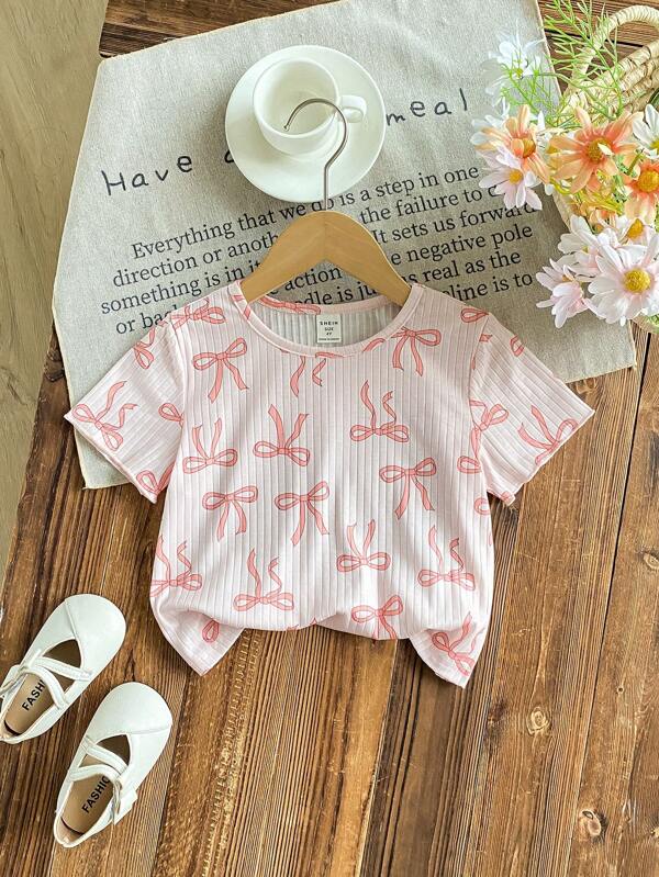 Young Girl Knit Bow Graphic Fitted Casual Round Neck T-Shirt