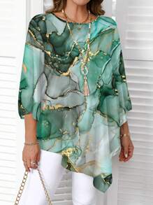 SHEIN CURVE+ Plus Size Elegant Marble Print Asymmetric Hem Blouse