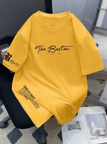Manfinity LEGND Kaos Lengan Pendek Pria Ukuran Besar Kasual dengan Slogan Cetak, Bahu Jatuh, Potongan Longgar, Musim Panas - Kuning - View 6