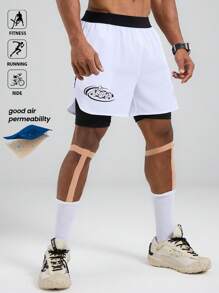 Manfinity Sport Polished Herren Buchstaben Muster elastische Taille Doppelschicht Sport Shorts Radlerhose Laufshorts