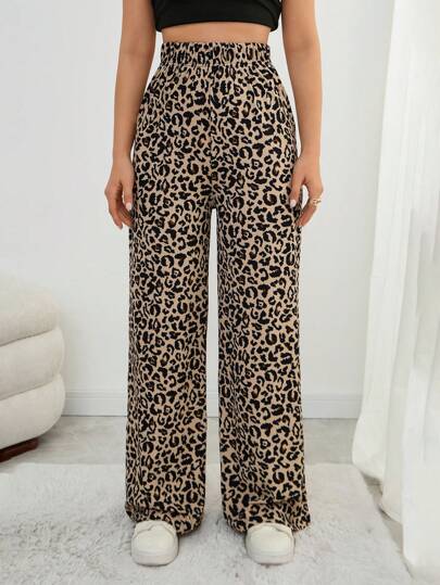 EURMUSE Women's Elastic Waist Leopard Print Straight Loose Pants