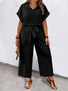 Joress Women's Plus Size Solid Color Short Sleeve Turndown Collar With Belt And Pockets Casual Jumpsuit