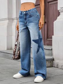 SHEIN Essnce Quần Jeans Ống Rộng Ống Thẳng Màu Xanh Bạc Hà Thường Ngày Đa Năng Cho Nữ - Rửa trung bình - Xem 1