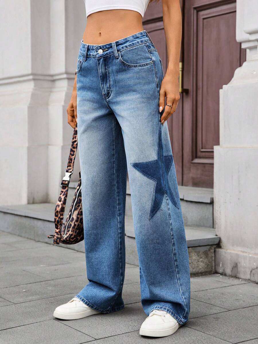 SHEIN Essnce Quần Jeans Ống Rộng Ống Thẳng Màu Xanh Bạc Hà Thường Ngày Đa Năng Cho Nữ - Rửa trung bình - Xem 1