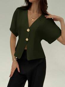 Aloruh Elegant Bat Wing Sleeve Double-Breasted Buttoned Solid Color Casual Shirt - Army Green - View 4