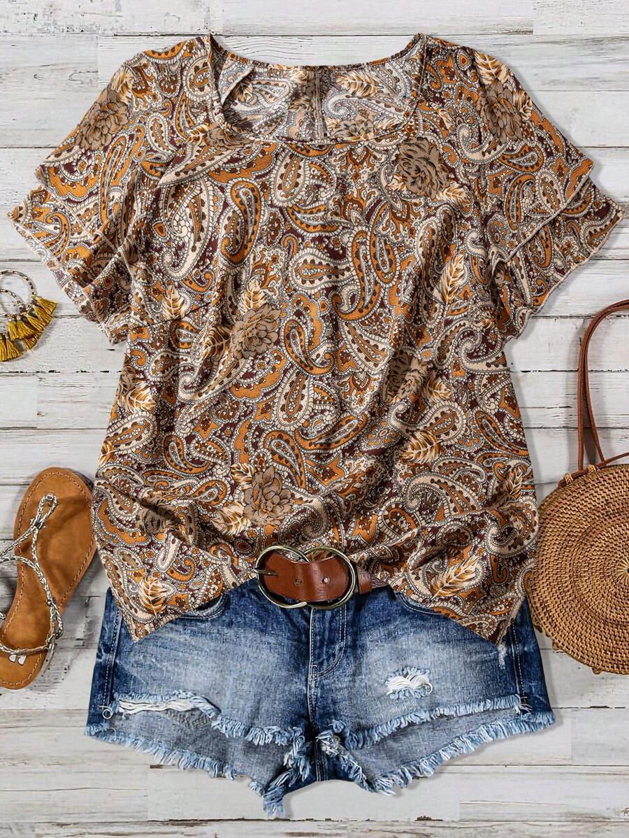 Linhara Plus Size Women Casual Floral Print Ruffle Sleeve Shirt, Elegant For Daily Wear And Holiday - Multicolor - View 1