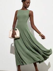 Aveloria Modichic French Simple Elegant Elegant Dress, Vertical Split Design Fit & Flare Sleeveless Dress For Women - Green - View 4