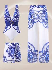 Swim Oasis 1 Stück Große Größen Einteiliger Badeanzug Set mit 3 Stücke, für Damen Sommer Urlaub Strandmode