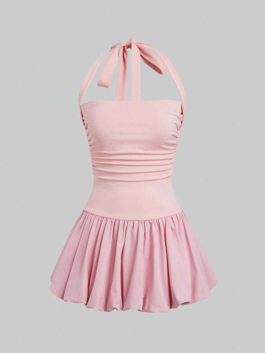 SHEIN EZwear 夏季休闲珊瑚粉色女式吊带短款泡泡裙 - 珊瑚粉 - 查看 1