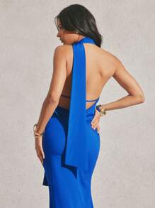 Hauture Women's Sexy Summer Blue Low Front And Cowl Back Long Mermaid Dress - Blue - View 5