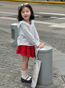 DAZY 女童（幼童）夏季条纹蕾丝拼布休闲连帽长袖衬衫 - 淺藍色 - 查看 6