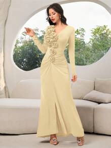 Modelyn Women's Elegant V-Neck Floral Embossed Ruffle Slit Hem Maxi Cocktail Dress - Yellow - View 6
