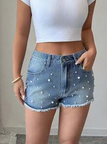 Elenzga Women's Fashion Casual Versatile Pearl Decorated Denim Shorts - Light Wash - View 3