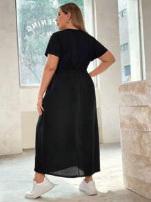 SHEIN Essnce Plus Size Women's New Summer Fashion Casual Solid Color Waist Strap A Hem (With Pockets) Long Short-Sleeved Dress - Black - View 2