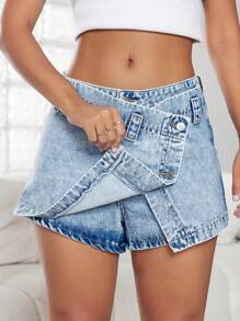 SHEIN ICON 女士休闲中腰斜襟水洗牛仔裙裤 - 淺色水洗藍 - 查看 5