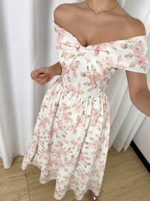 Modelyn Gaun Off Shoulder Bermotif, Modis untuk Musim Panas - MultiWarna - View 7