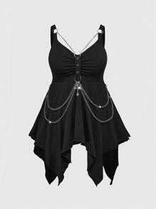 ROMWE Plus Size Gothic Punk Asymmetrical Hem Chain & Cross Decor Camisole & Tank Top - Black - View 1