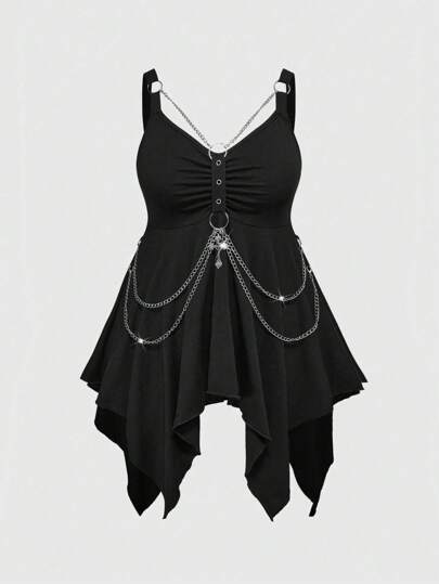 Goth Plus Size Gothic Punk Asymmetrical Hem Chain & Cross Decor Camisole & Tank Top