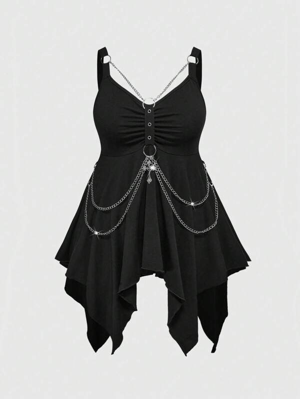 ROMWE Goth Plus Size Gothic Punk Asymmetrical Hem Chain & Cross Decor Camisole & Tank Top