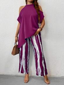 EMERY ROSE Plus Size Women Open Shoulder Asymmetric Hem Top And Striped Pants Casual Suit - Hot Pink - View 4