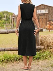 SHEIN LUNE Đầm yếm denim không tay cài nút phía trước cho nữ ngày lễ - màu đen - Xem 2