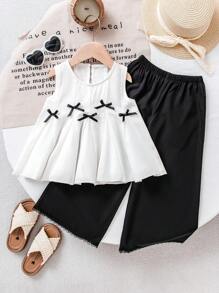 Conjunto de top de tirantes acampanado con parches y moño y pantalones de pierna ancha para niñas pequeñas, conjunto informal y lindo de estilo coreano para el verano