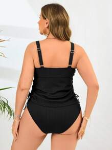 Swim Lushoire 2pcs Plus Size Solid Color Camisole Bikini Tank Top With Adjustable Strap & Ruched Shorts Casual Mature Style Swimsuit, Dress, Summer Outfits For Woman