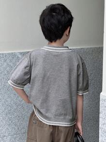DAZY Kemeja Polo Lengan Pendek Bergaris Gaya Korea Kasual untuk Anak Laki-Laki Remaja, Cocok untuk Musim Panas, Pakaian Kembali ke Sekolah - Dark Grey - View 8