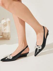 CUCCOO CHICEST Women's Autumn/Winter New Pearl Bow Pointed Toe Low Heel Wedge Elegant Sweet Fashion Black Faux Leather Ladies Wedge Pumps, Shoes For Afternoon Tea, Date, Party, Elegant Outfit, Halloween - Black - View 7