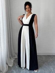 Auvina Tuta ampia da donna con vita stretta, scollo a V e pieghe, taglia forte, elegante per uso quotidiano, casual, pendolare e vacanza