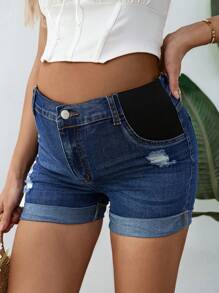 SHEIN Pantalones cortos vaqueros elásticos de maternidad, azules, ajuste ceñido informal