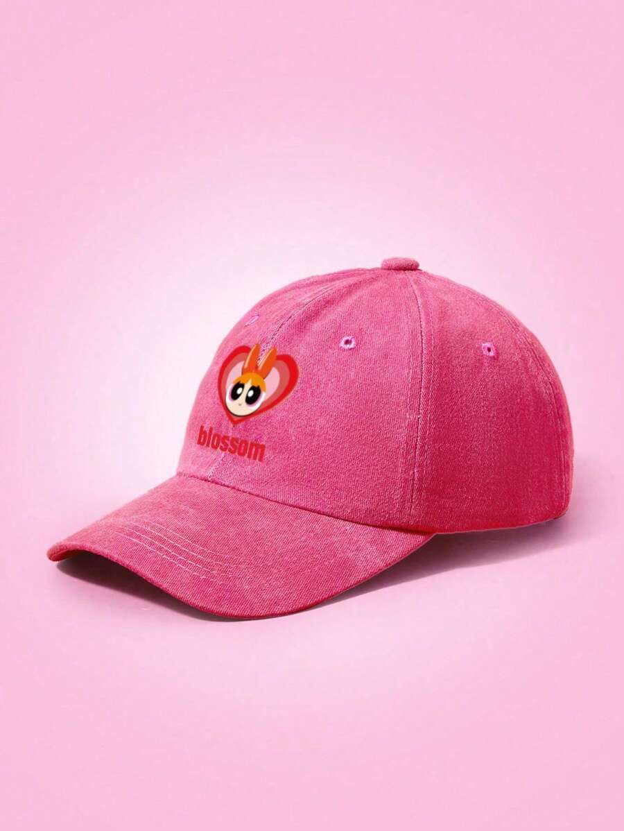 THE POWERPUFF GIRLS X SHEIN Fashionable Cute Cartoon Bubbles Embroidered Washed Baseball Cap - Beige - View 1