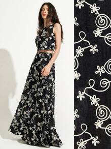 GENKIRA Black & White Contrast Color Vacation Style Embroidered Loose Flare Skirt And Sleeveless Cropped Tank Top Set, Casual Versatile Two Pieces For Women - Black - View 1