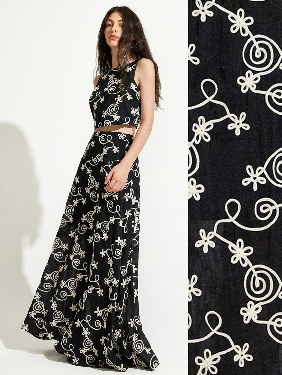 GENKIRA Black & White Contrast Color Vacation Style Embroidered Loose Flare Skirt And Sleeveless Cropped Tank Top Set, Casual Versatile Two Pieces For Women - Black - View 1