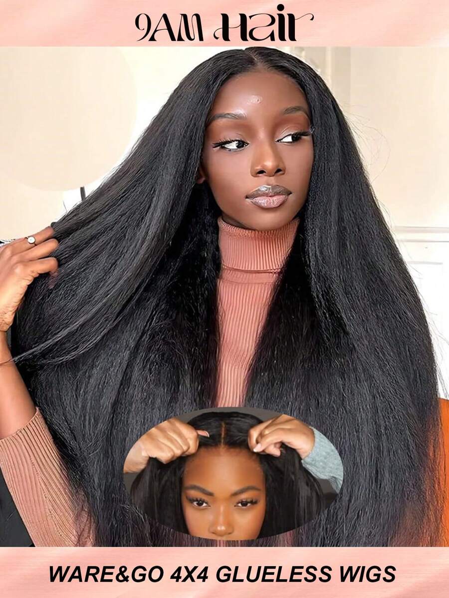 戴上即走无胶假发 人发预拔卷曲直发蕾丝前假发 4*4 透明蕾丝闭合假发 发际线柔滑 戴上即走 适合初学者 - Natural Black - 查看 1