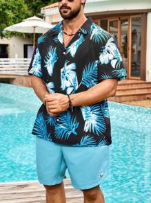Manfinity Swimmode 加大码男士热带植物印花短袖衬衫和短裤沙滩套装，夏威夷男士度假服，男士度假装，男士度假服，男士泳池派对装，男士巴哈马装，男士夏威夷衬衫