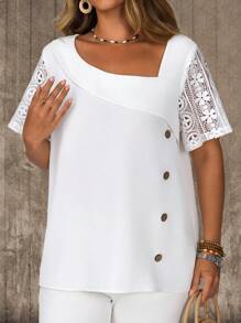 EMERY ROSE Blouse décontractée à manches courtes, couleur unie et ajourée, grande taille, pour les vacances d'été