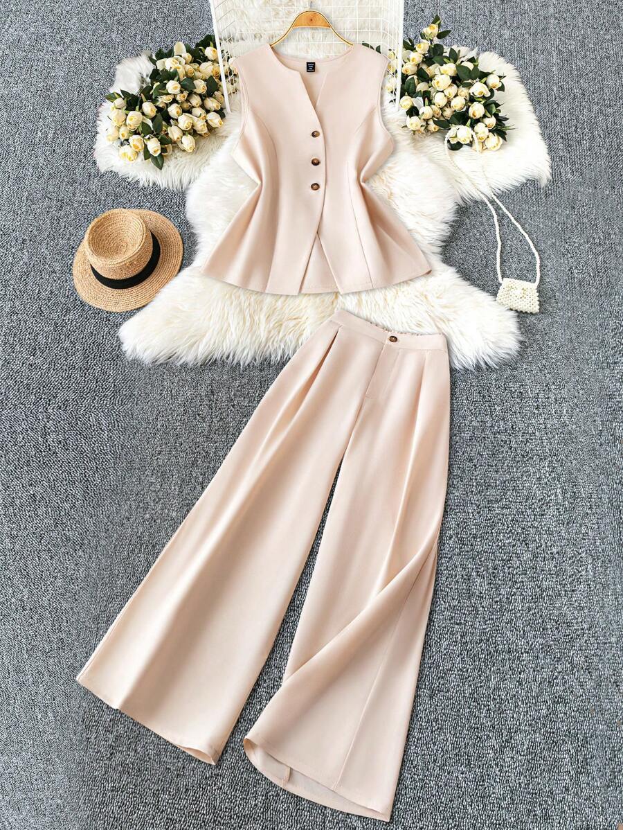 SHEIN Clasi 大码女式无袖开衫和松紧腰裤两件套，休闲百搭，适合春夏季办公室/通勤穿着 - 杏色 - 查看 1