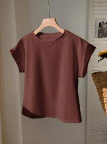 Comfortcana Áo thun nữ cổ tròn tay ngắn màu nâu cà phê thường ngày, mùa hè - Cà phê nâu - Xem 3