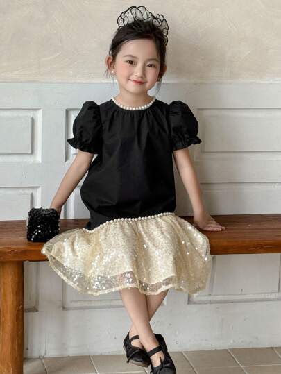 DAZY Đầm dự tiệc midi tay bồng lưới chắp vá kim sa cổ tròn cho bé gái, trang phục mùa hè cho bé gái