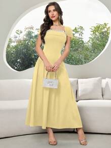 Modelyn Women's Elegant Party Square Neck Rhinestone Waist Dress - Yellow - View 3