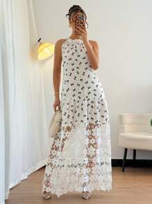 Islaluna Women's Elegant Floral Print Patchwork Ruffle Hem Dress, Summer