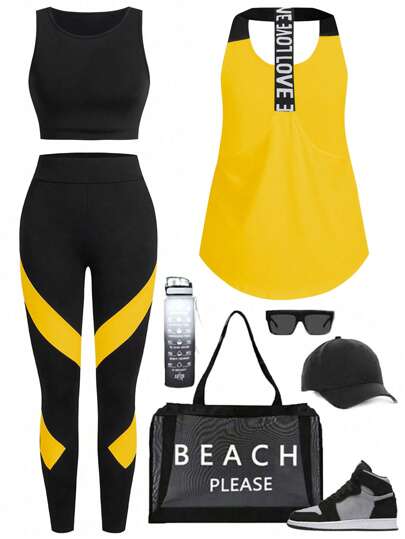 Easithlete 女士印花拼色运动套装，运动健身服