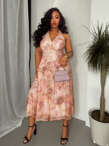 Slaydiva 2025 Spring/Summer New Arrivals Elegant & Romantic Sexy Party Mini Dress, Full Floral Print Halter Neck Beach Resort Dress, Plus Size - Multicolor - View 3