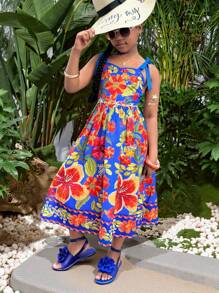 Tween-Mädchen Lässiges Resort-Midikleid mit gewebtem tropischem Blumenmuster und Farbblock, Schleife an der Taille, Bohemian - Königsblau - Übersicht 12