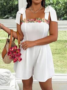 Elenzga Plus Size Women Vacations Style Embroidered Ribbon Tie Shoulder Romper - White - View 6